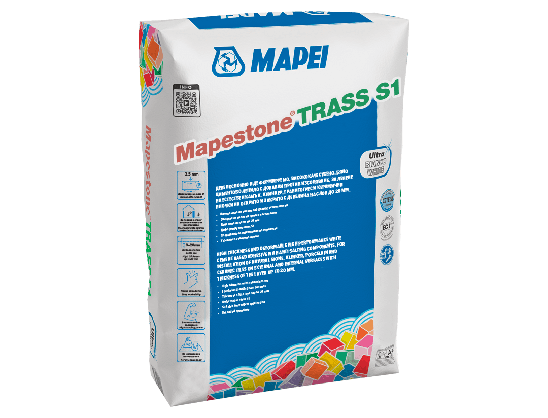 Лепило за плочки и камък  C2TES1 Mapestone Trass S1 25 кг. Бяло  (Mapei)